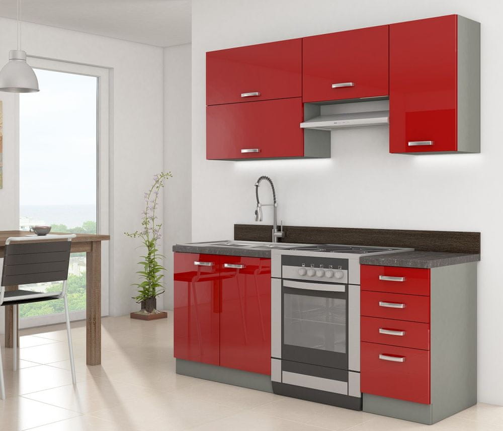 Veneti Kuchyňa do paneláku 180/180 cm RUOLAN 2 - šedá / lesklá červená + LED, drez a pracovná doska ZDARMA